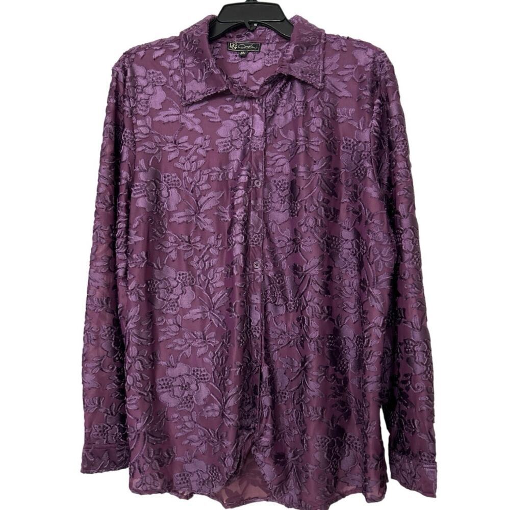 DG2 Diane Gilman Purple Burnout Floral Knot Front Sheer Blouse XL Whimsigoth